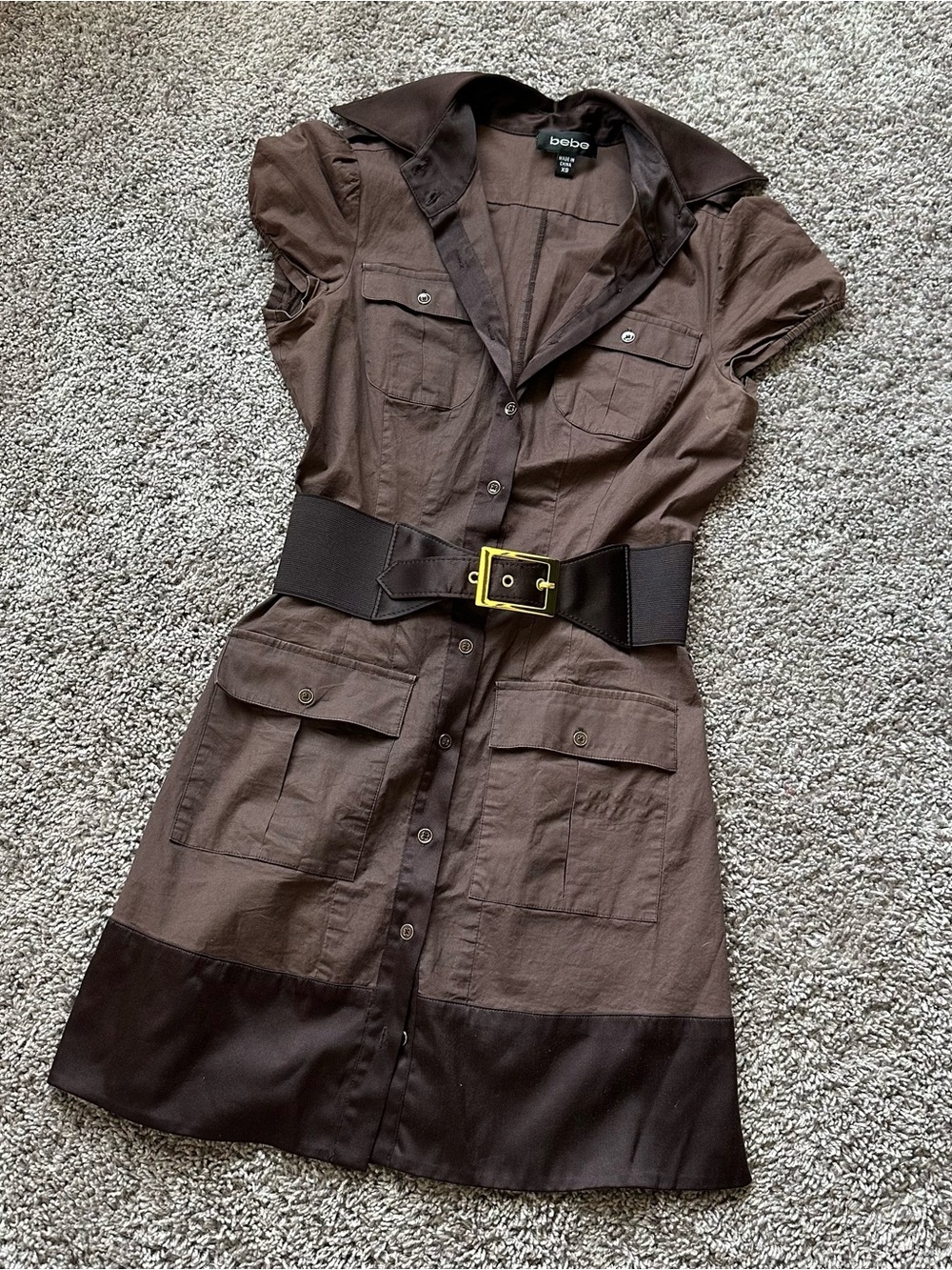 bebe Brown Utility Shirt Mini Dress with Black Belt and Gold Buckle